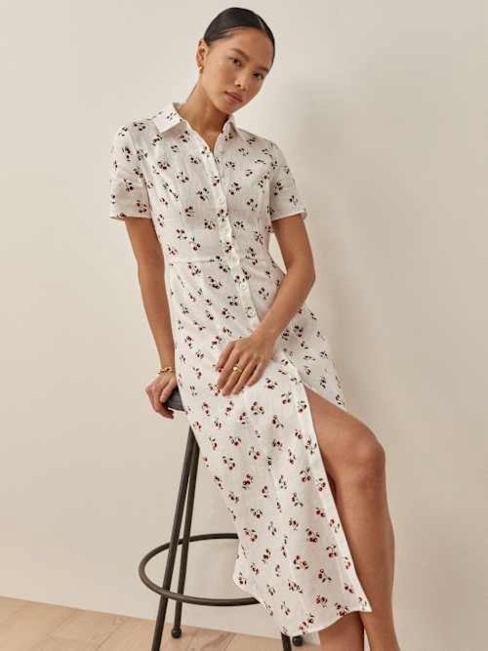 Reformation White Floral Midi Shirt Dress with Cherry Print